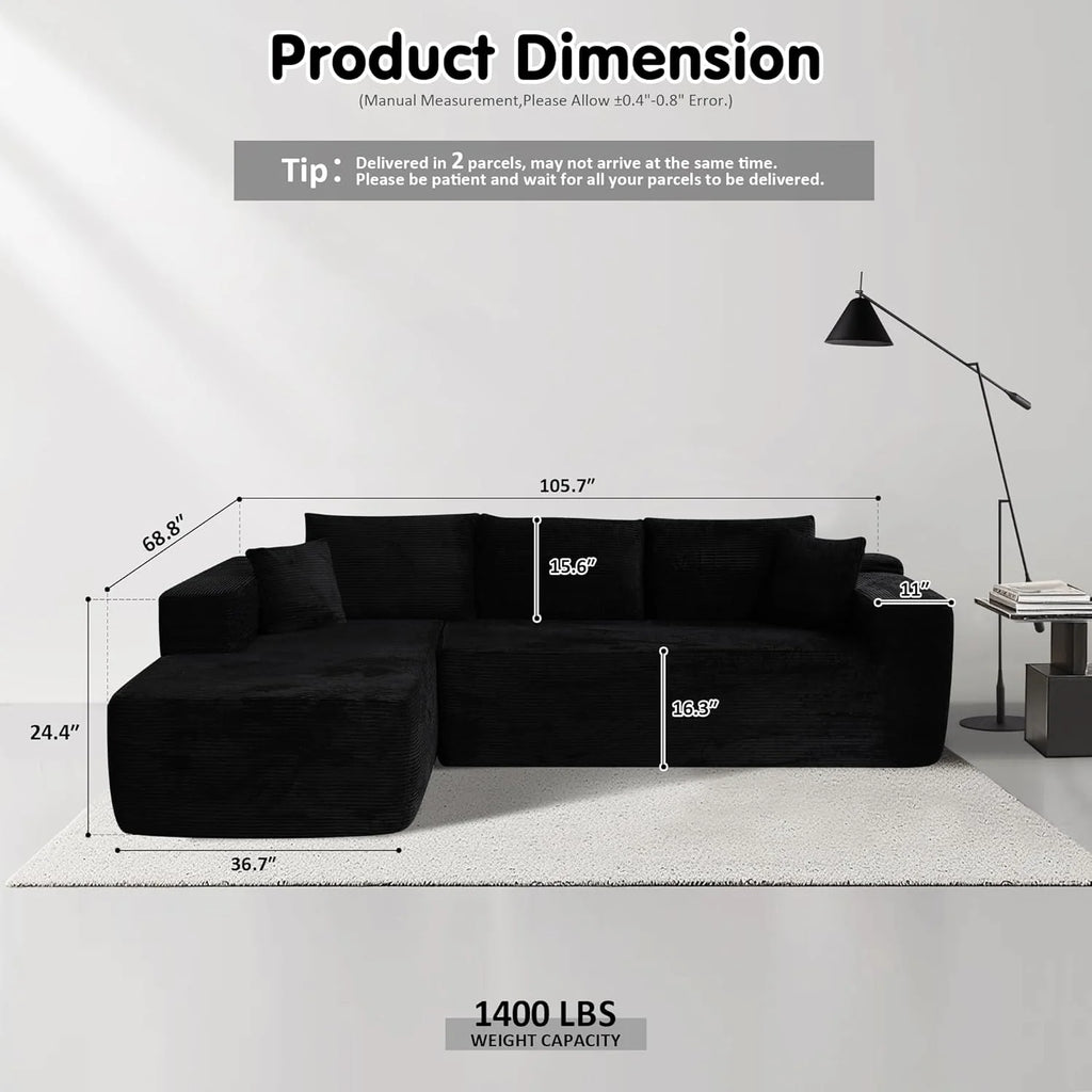ovios 104" Cloud Sectional Couch with L-Shape Chaise,Modern Modular Sofa with Deep Seat, Upholstered Couches for Living Room Bedroom,No Assembly Required, Black (Corduroy Fabric)