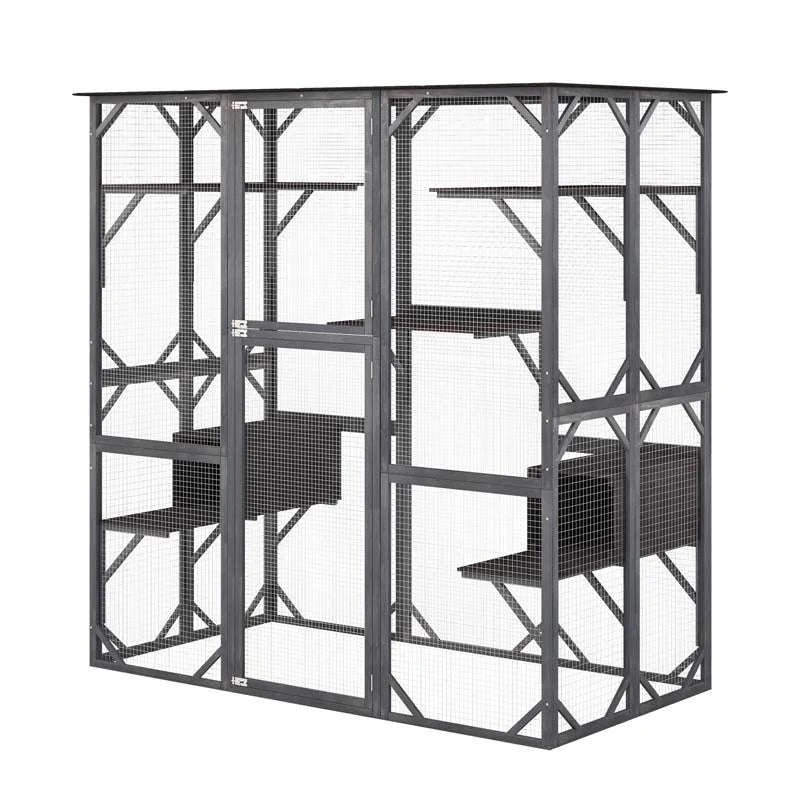 71" Tall Large Cat House Outdoor Catio Kitty Enclosure, Walk-in Cat Kennel Condo, Wooden Cat Cage Playpen with 7 Platforms