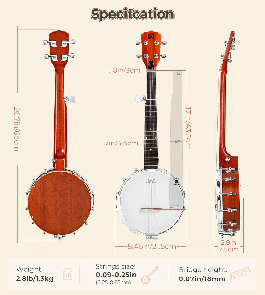 Banjo 5 String Full Size Banjos Set with Resonator, Remo Head, Beginner Banjo Kit with Closed Back, Premium Accessories for Adults, Teenager