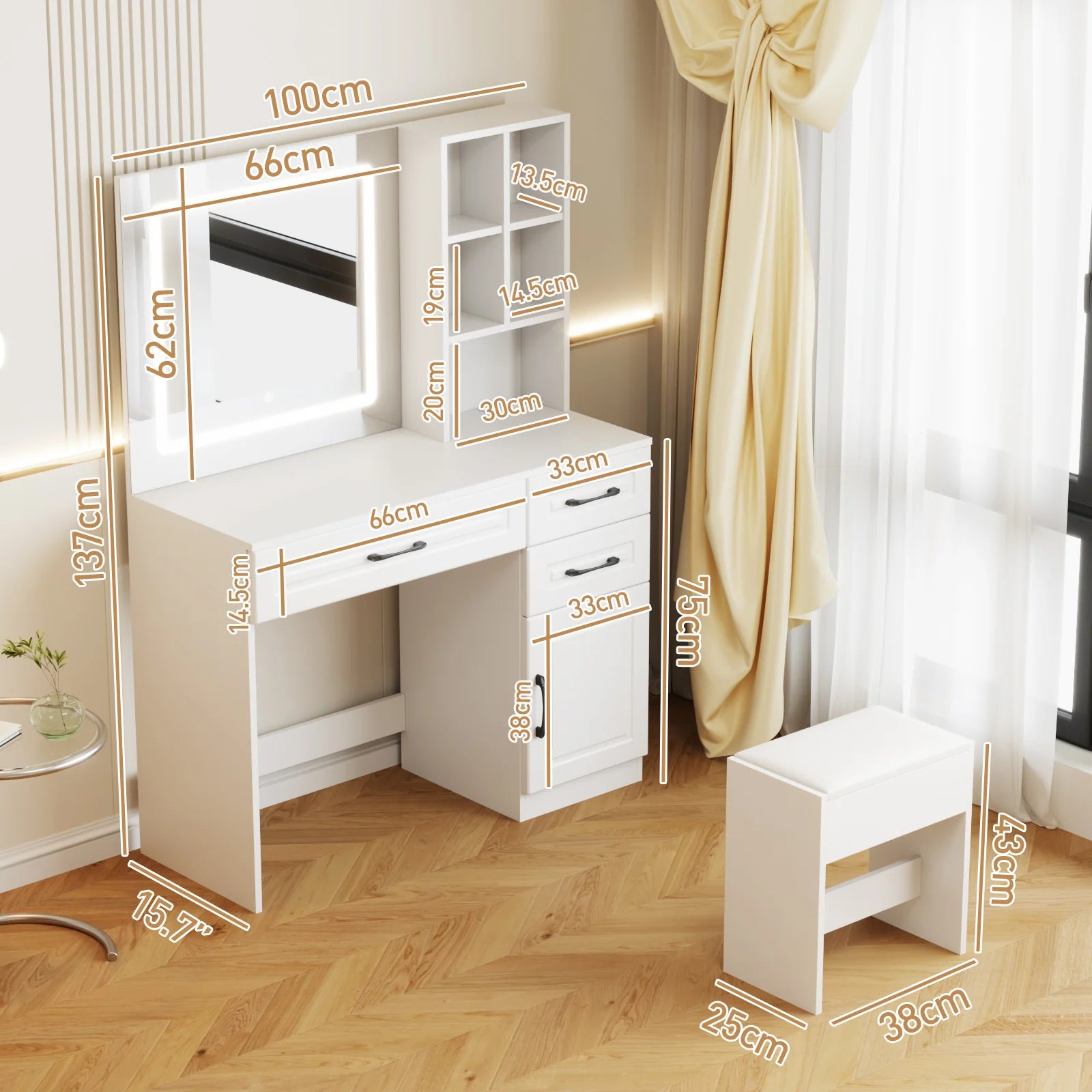 Dressing Table Stool Set with Charging Station