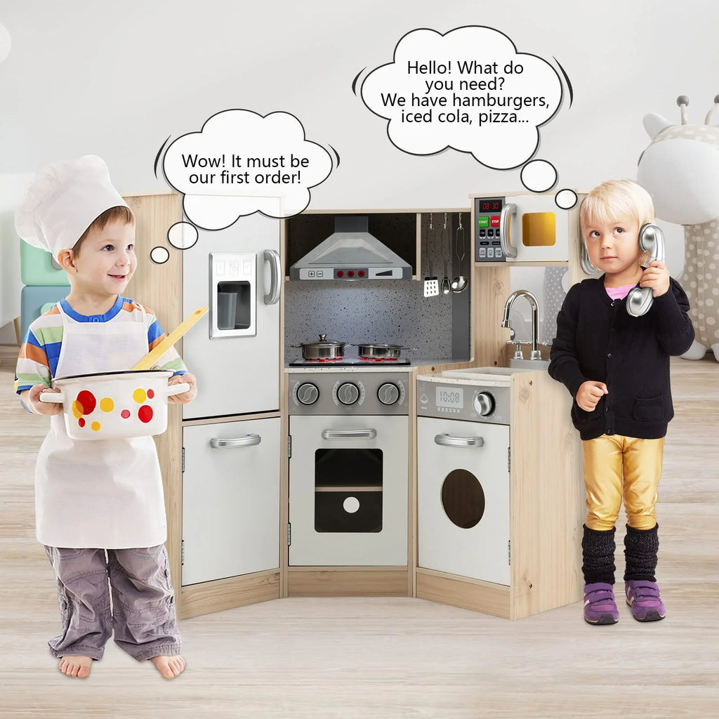 Kids Corner Kitchen Playset, 9-in-1 Wooden Pretend Play Kitchen Toy Set w/Realistic Light & Sound