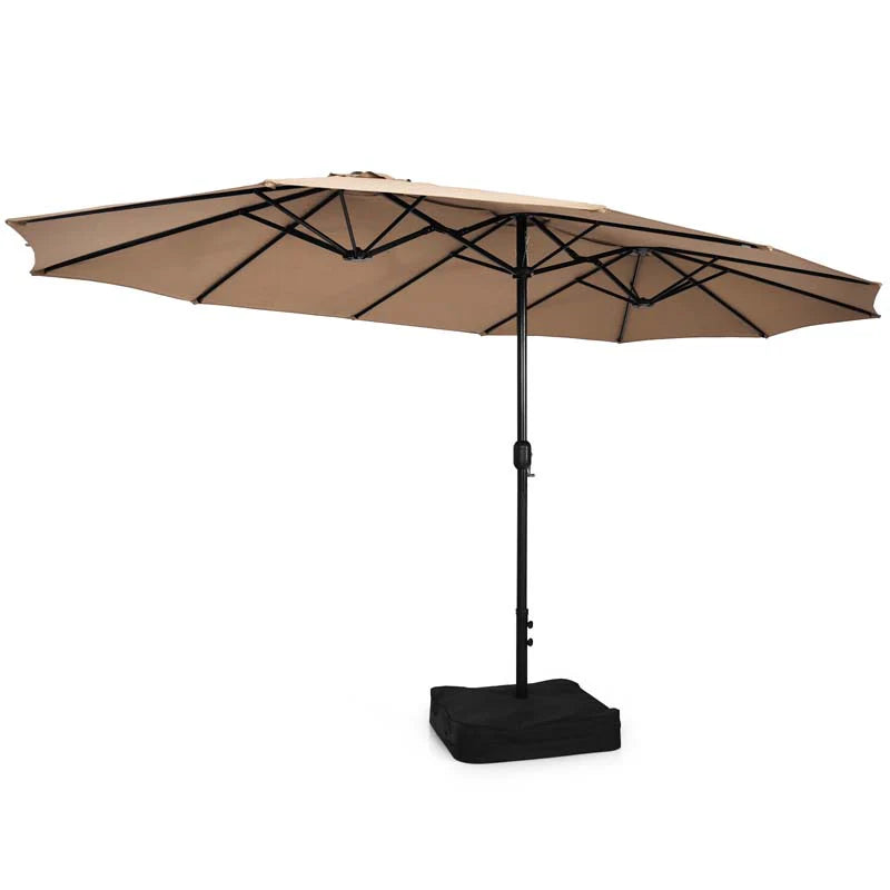 10Pcs Patio Rattan Dining Set with 15FT Double-Sided Umbrella, Heavy Duty Acacia Wood Table & Stackable Wicker Chairs