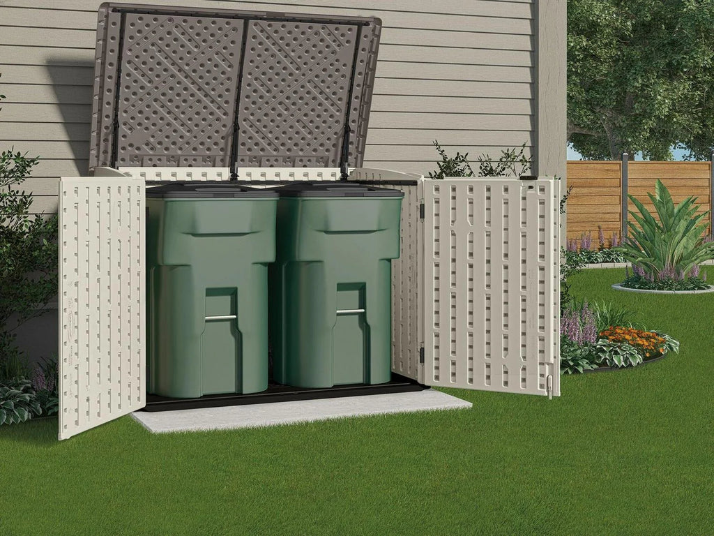 Suncast BMS4700 Resin Storage Shed, Off-White/Gray, 70.5′′W x 44.25′′D x 52′′H, Double Door, UV Resistant