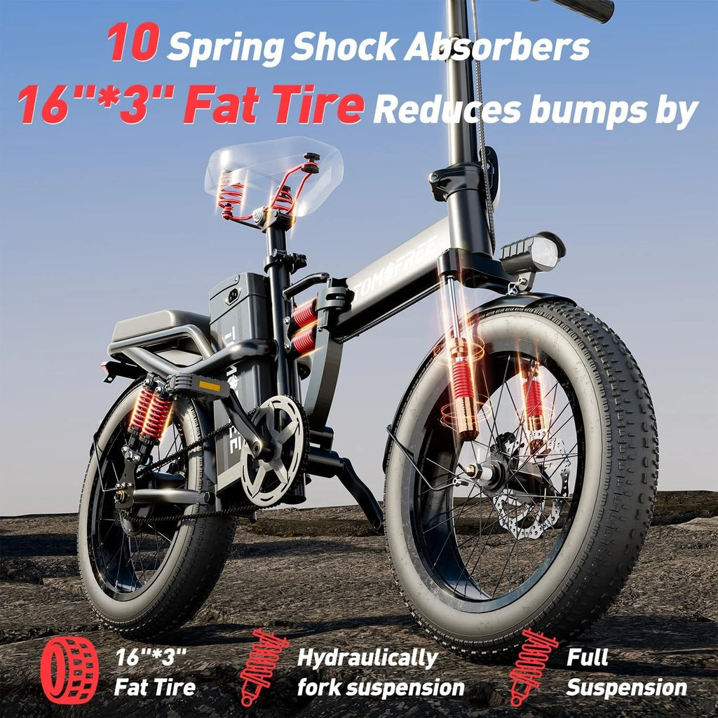 T1 Electric Bike for Adults 1200W Motor, 31MPH, 48V 20AH Folding E-Bike,16 * 3" Tire Mountain Snow Bike LED Display 330lbs Load Capacity - Tomofree Black