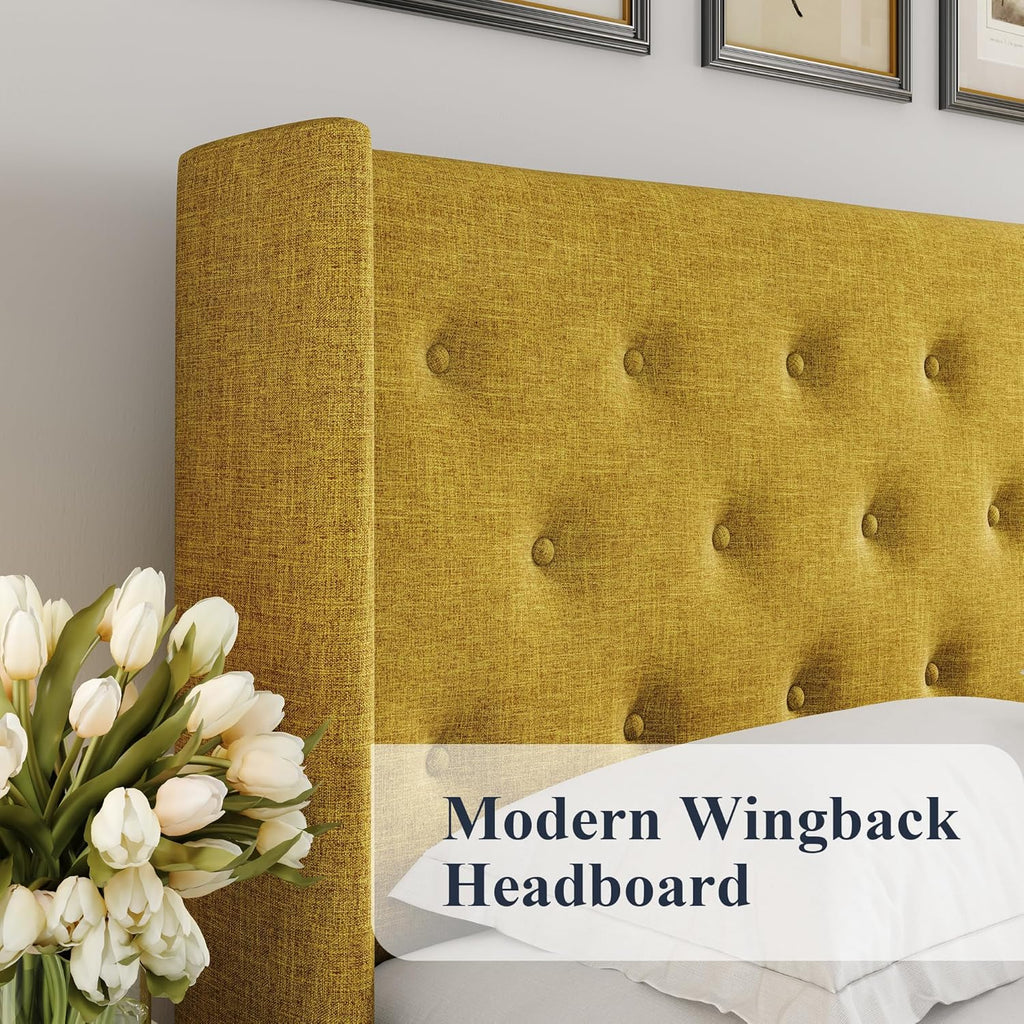 Allewie Queen Size Lift Up Storage Bed, Modern Wingback Headboard, Hydraulic Support, No Box Spring Needed, Light Beige
