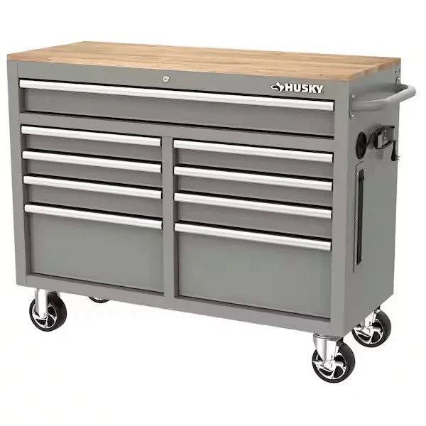 Mobile workbench with 9 drawers, hardwood top and power connection, 117 cm W x 62 cm D – high-gloss black