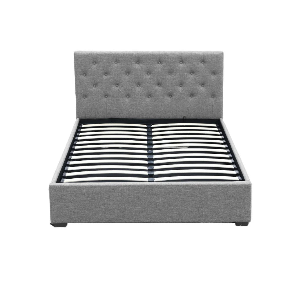 Artiss Vila Bed Frame Fabric Gas Lift Storage - Grey Double