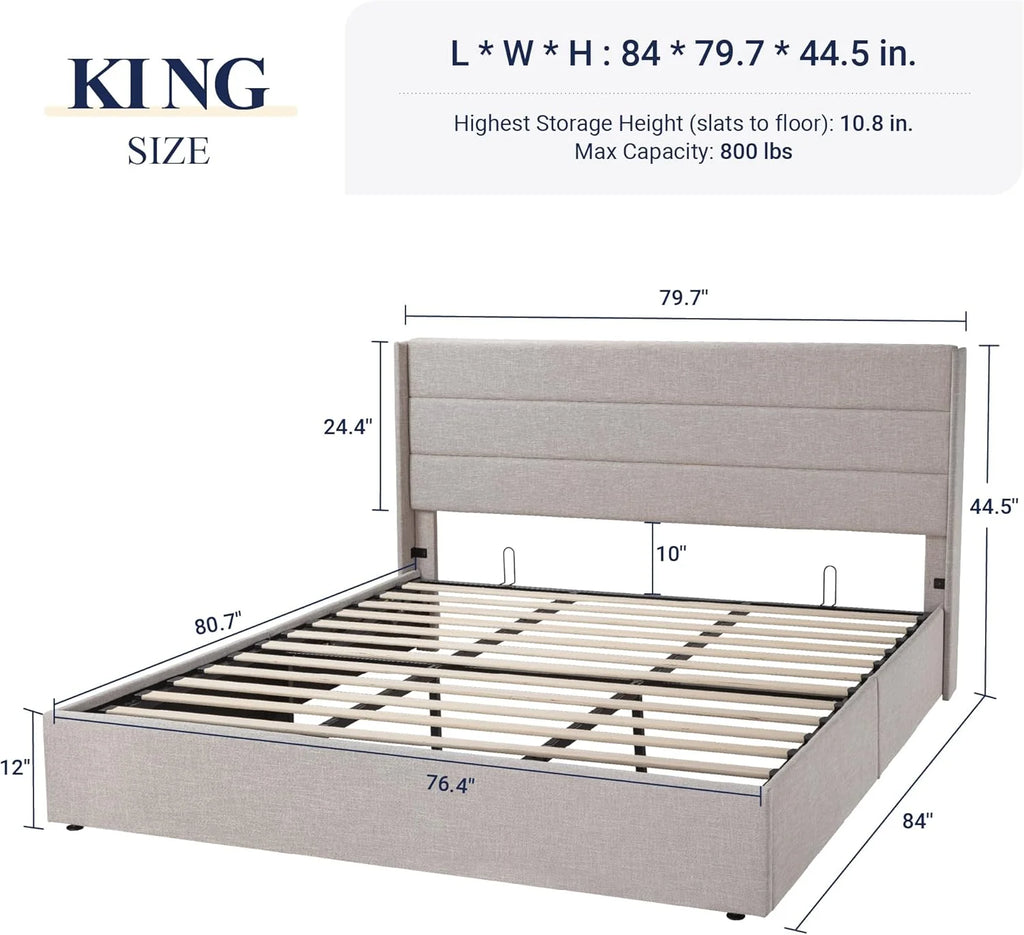 Allewie Queen Size Lift Up Storage Bed, Modern Wingback Headboard, Hydraulic Support, No Box Spring Needed, Light Beige