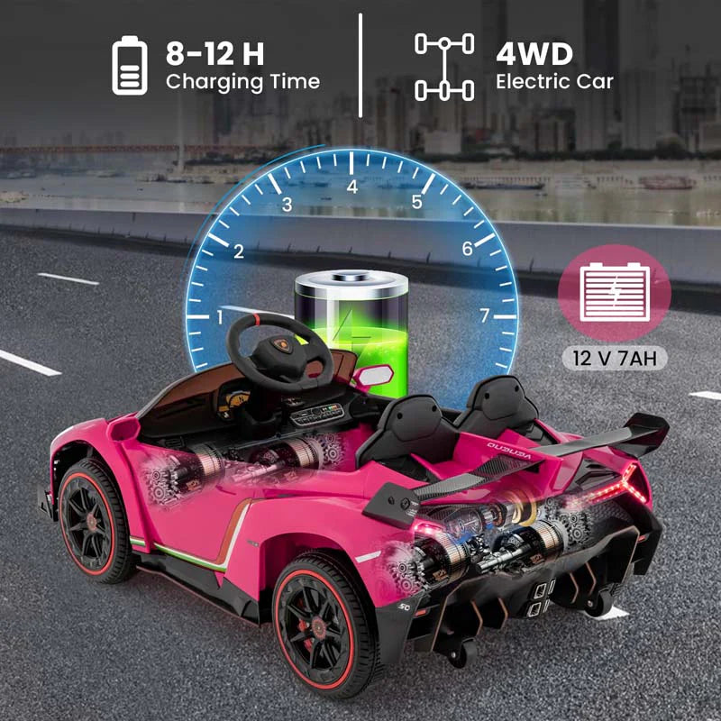 Lamborghini Licensed Kids Ride On 4WD Sports Car, 12V Battery Electric Vehicle Toy with Remote Control, 3 Speeds, Hydraulic Doors