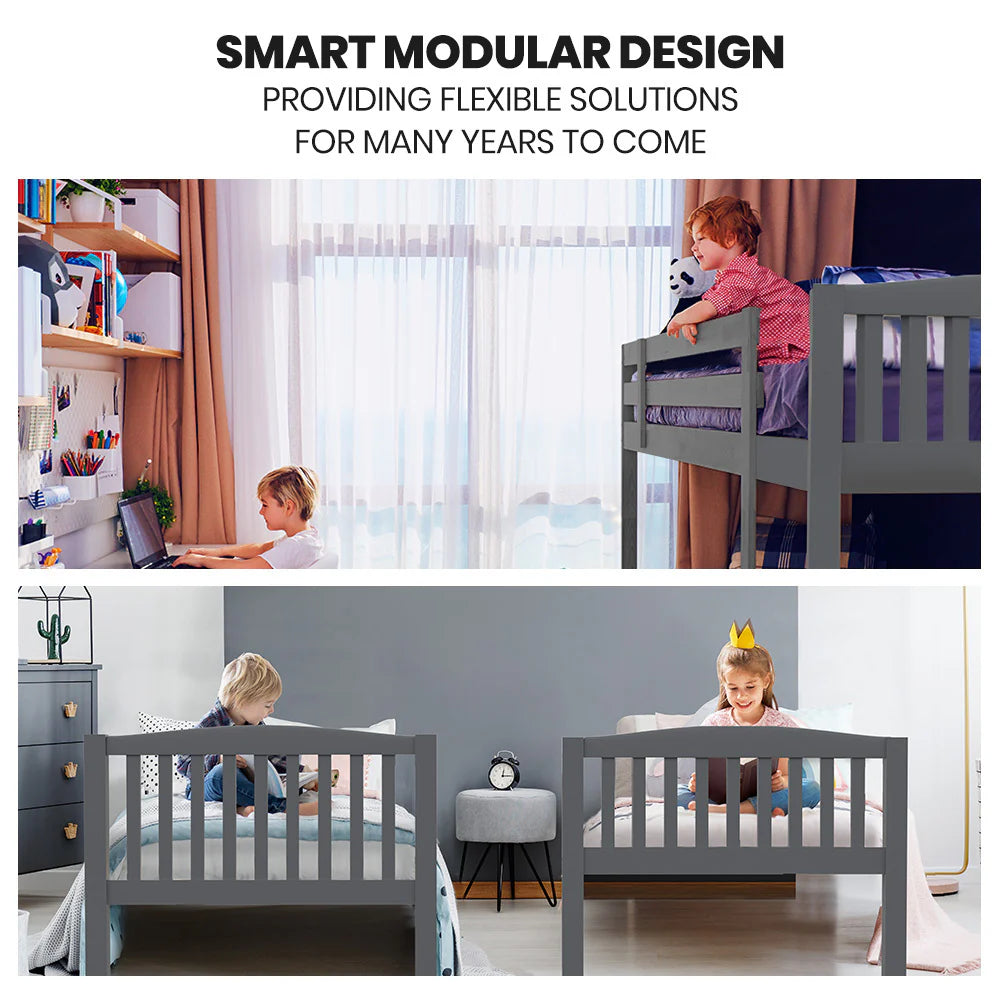 Kingston Slumber Single Bunk Bed Frame Solid Pine Wood Timber, Modular Design, Grey