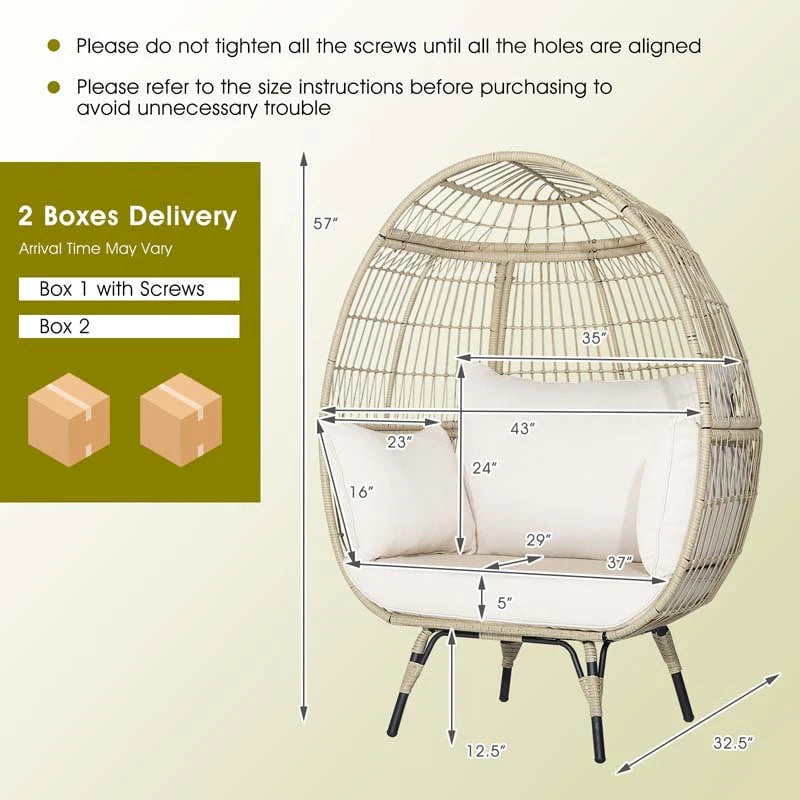 Oversized Wicker Egg Chair with 4 Cushions, Steel Frame Basket Chair Indoor Outdoor Patio Lounge Chair