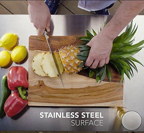 Keter Unity Portable Outdoor Table and Storage Cabinet with Hooks for Grill Accessories-Stainless Steel Top for Patio Kitchen Island or Bar Cart, Dark Grey