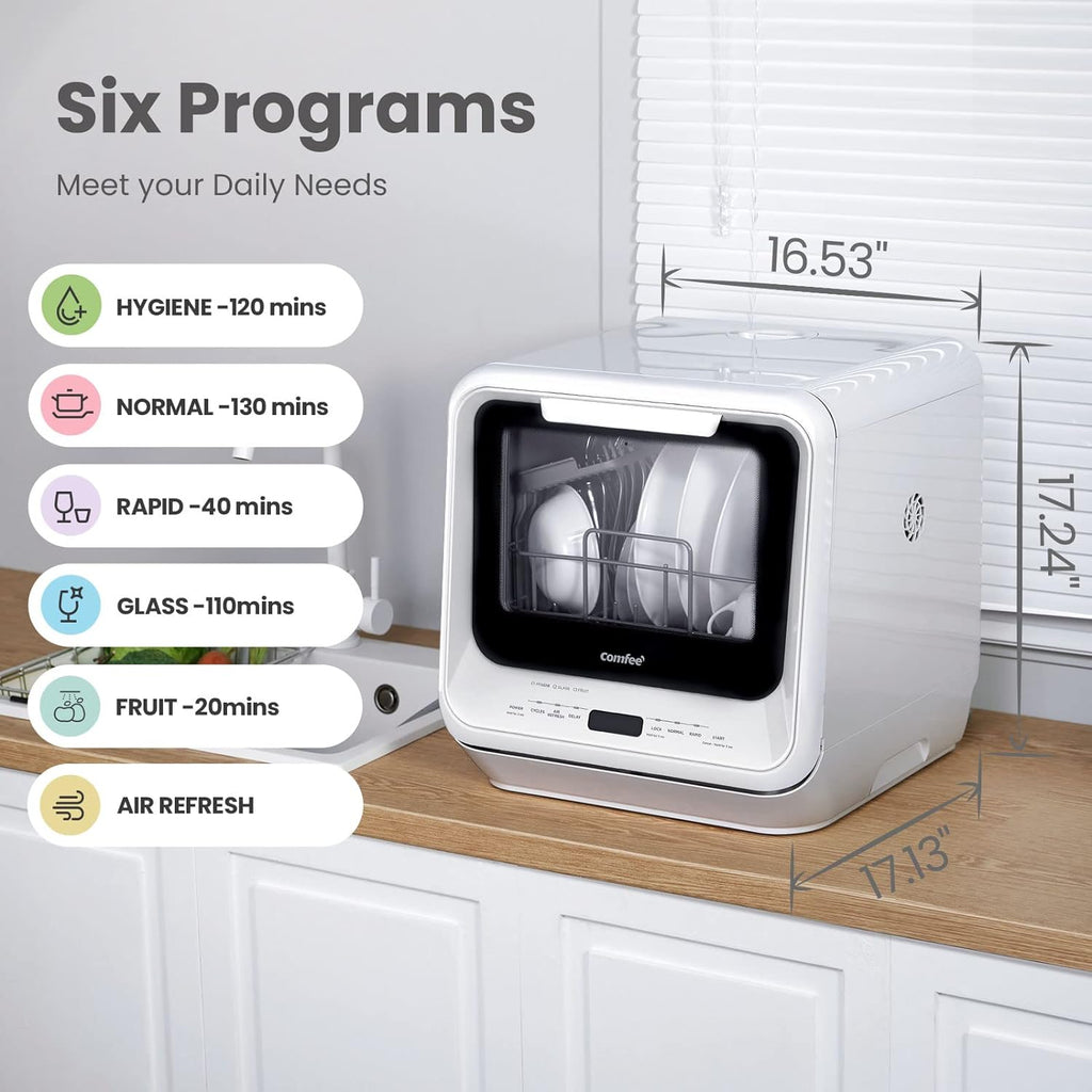 COMFEE' Portable Dishwasher Countertop with 5L Built-in Water Tank, No Hookup Needed, 6 Programs, 360?? Dual Spray, 192?H High-Temp& Air-Dry Function, Mini Dishwasher for RVs, White