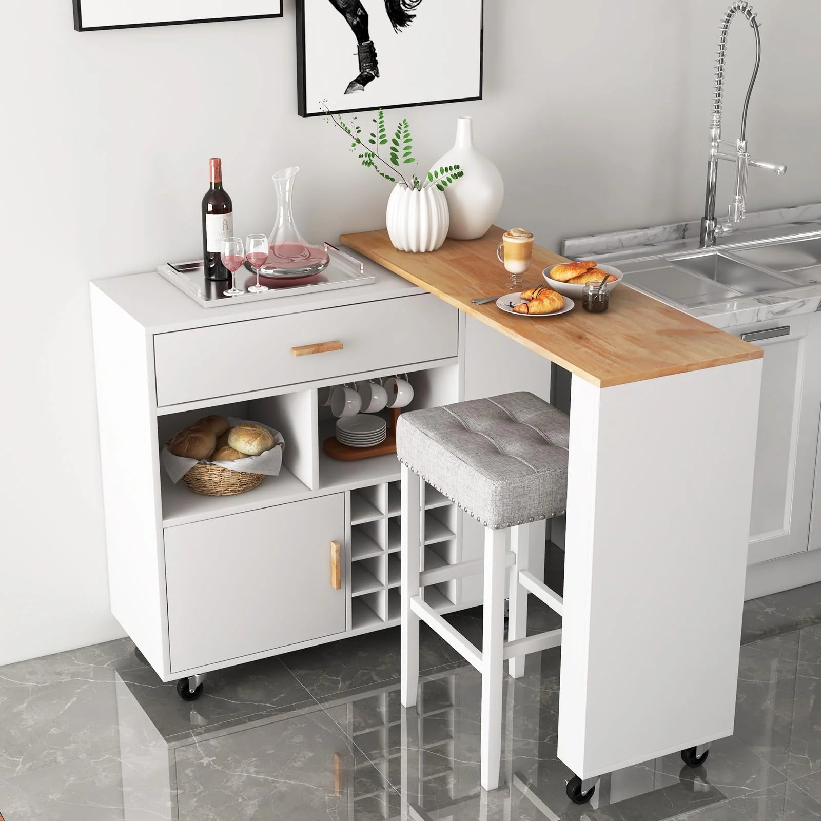 Giantex Kitchen Island Cart Bar Table Combo, 2-in-1 Reversible Mobile Serving Cart