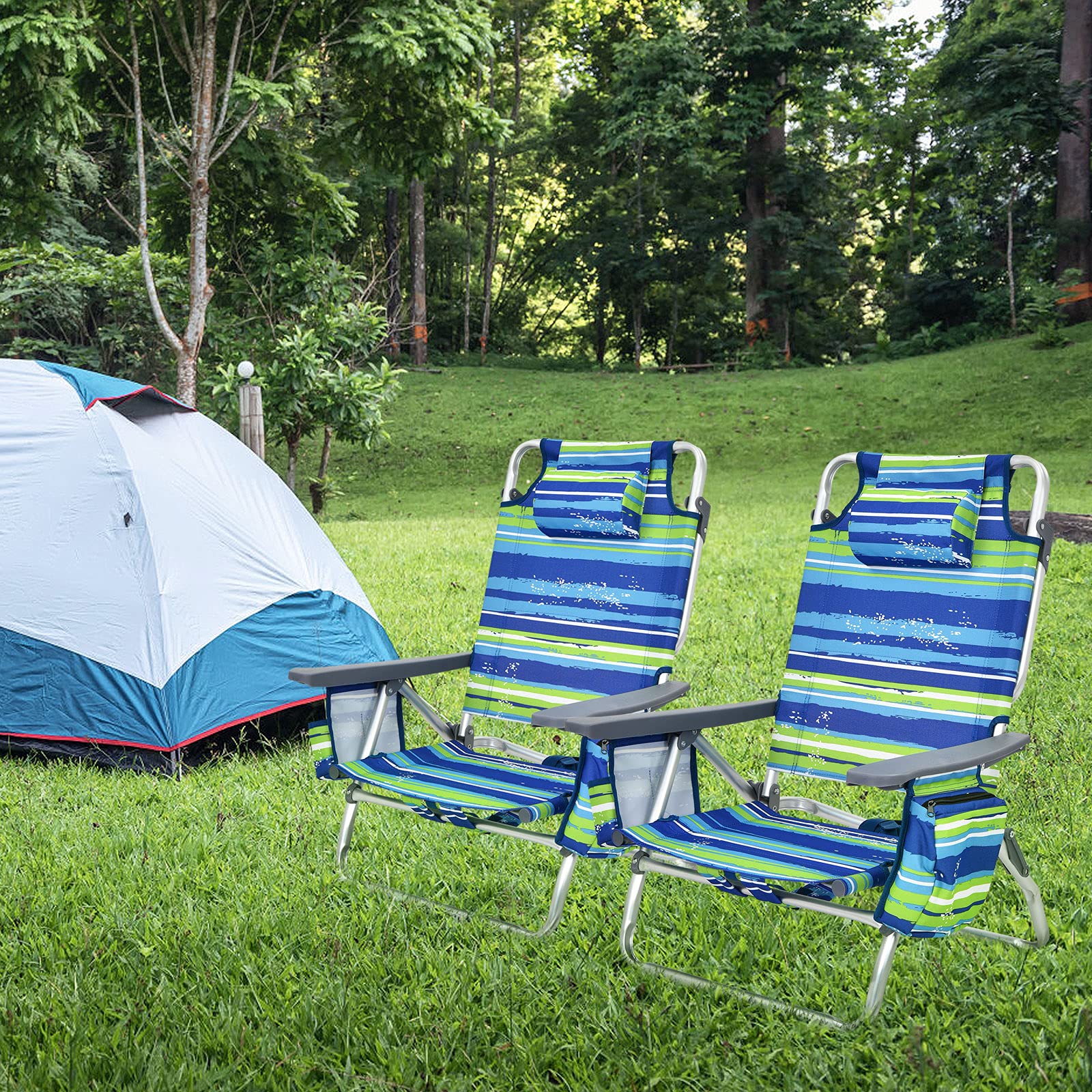 2-Pack Folding Backpack Beach Chair 5-Position Outdoor Reclining Chairs with Pillow
