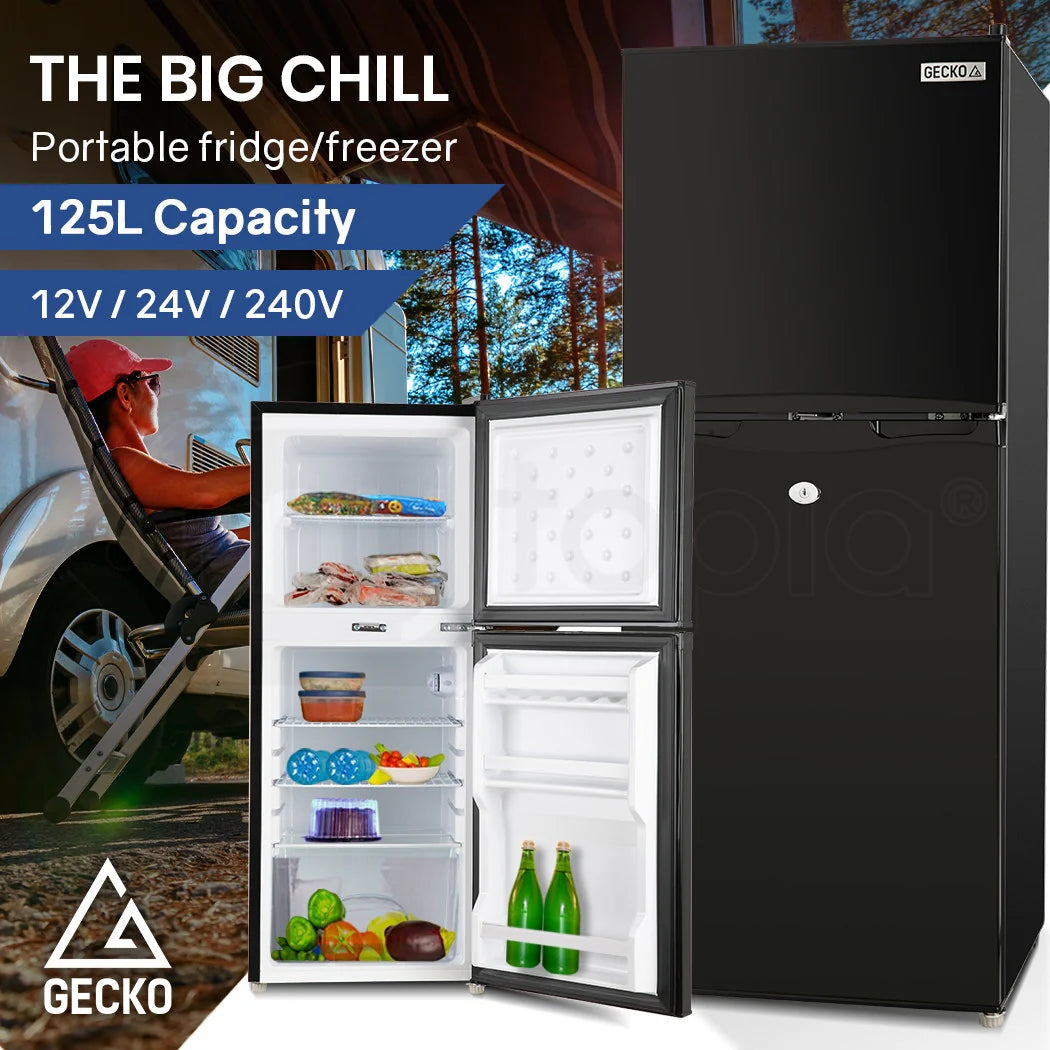GECKO 125L Portable Upright Fridge, 12V/24V for Motorhome, Caravan, Black
