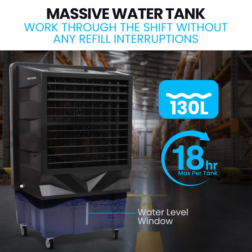POLYCOOL 130L 750W Evaporative Air Cooler, Commercial Industrial Grade, Remote Control, Purifier, Fan