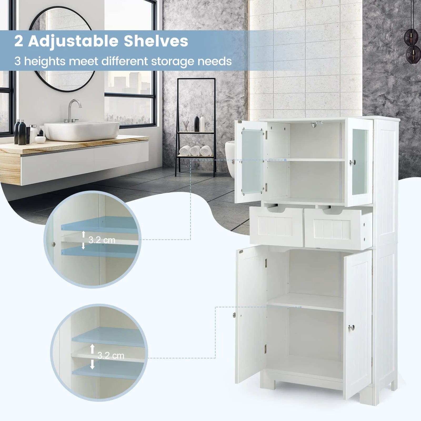 Giantex Floor Storage Cabinet with 4 Doors, Freestanding Bathroom Cabinet with 2 Glass Doors, White