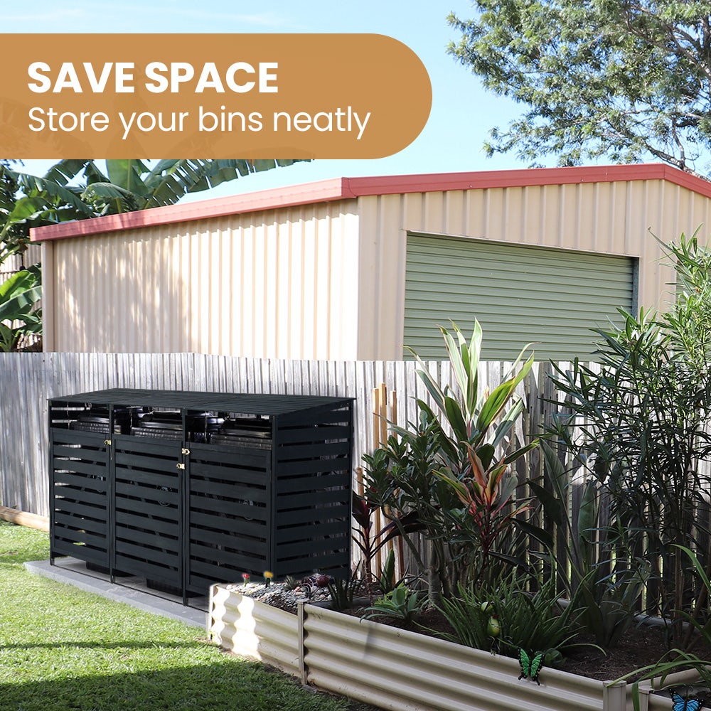 PLANTCRAFT Triple Wood Wheelie Bins Storage Shed, 3 Door Garbage Rubbish Bin Enclosure