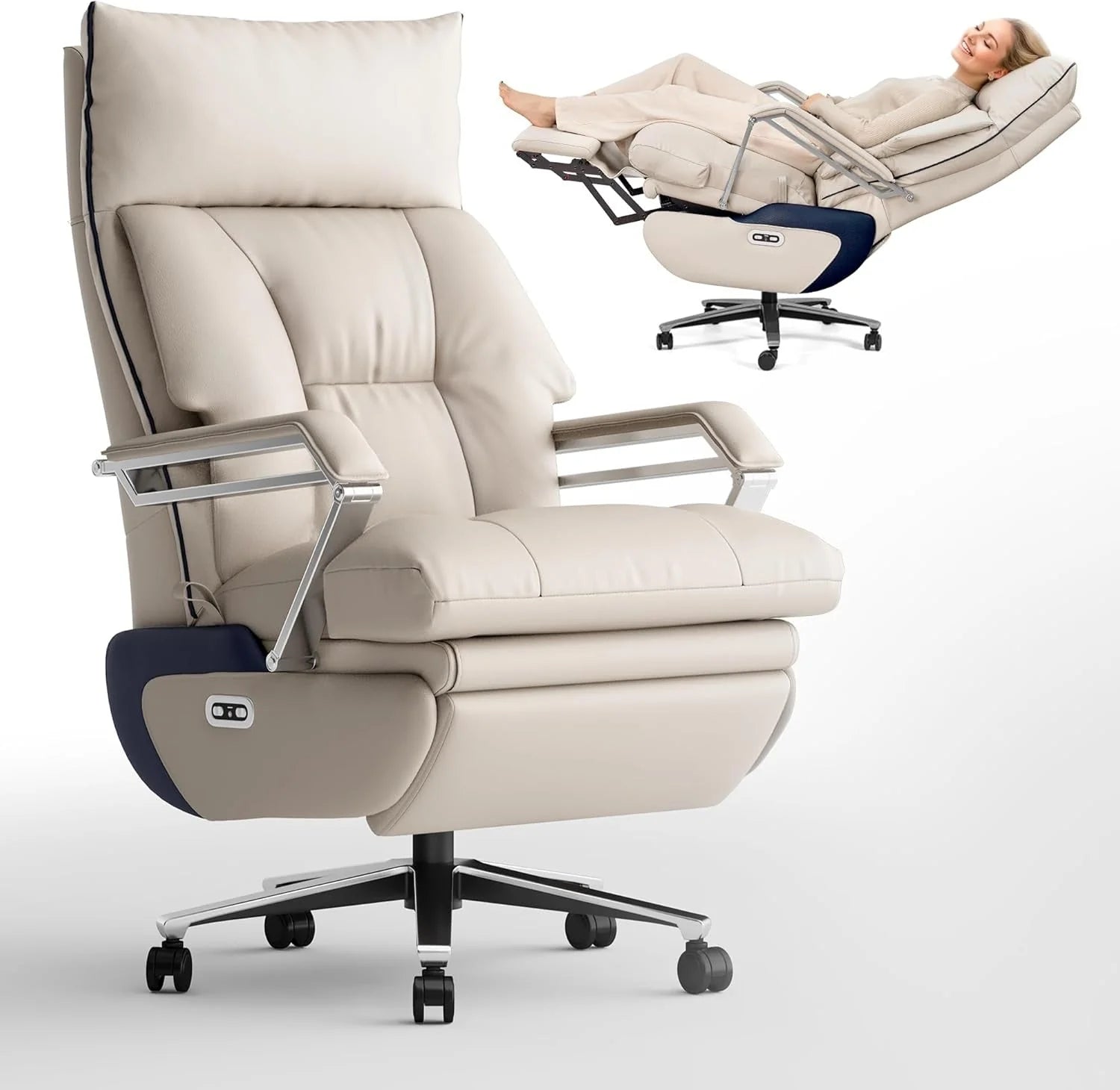 M80 executive chair with two motors and footrest, for tall and heavy people, up to 190 kg, beige