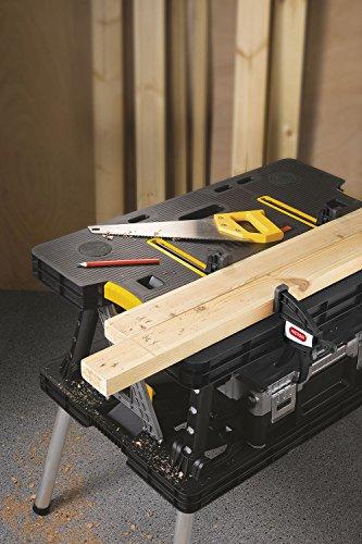 2024 Keter �C 197283 Folding Table Work Bench for Miter Saw Stand, Woodworking Tools and Accessories with Included 12 Inch Wood Clamps �C Easy Garage Storage Black/Yellow