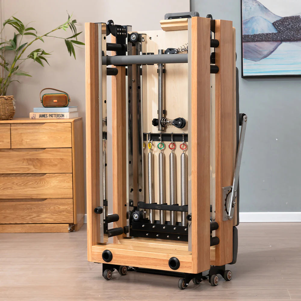 Foldable Pilates Reformer for Home Workouts, Oak Wood Frame, 6 Springs