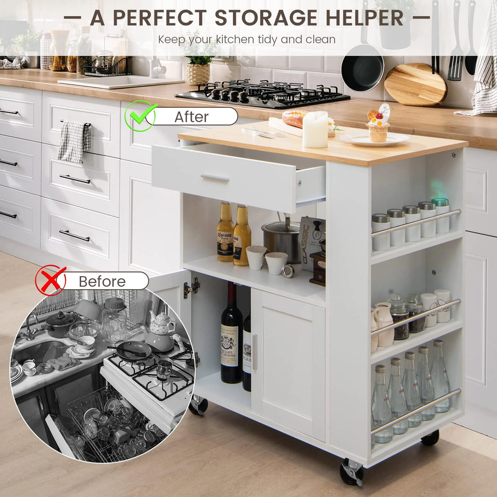 Giantex Kitchen Island Trolley, Rolling Kitchen Serving Trolley w/ 3 Spice Racks, Drawer, Open Shelf & Large Cabinet
