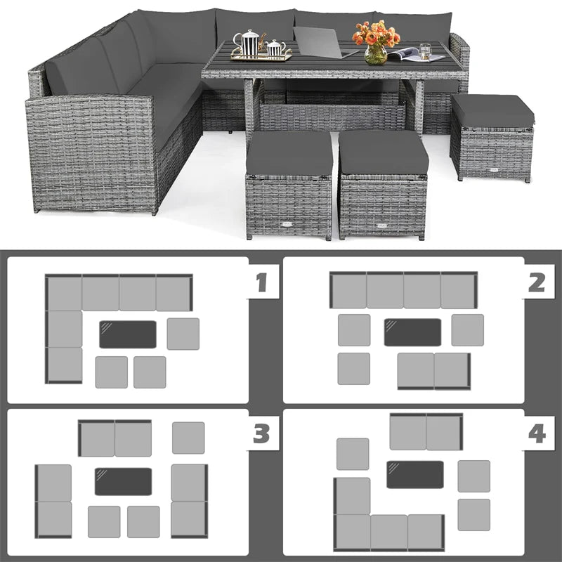 7 PCS Resin Wicker Outdoor Sectional Sofa Set Rattan Patio Seating Group with Dining Table, Ottomans & Cushions