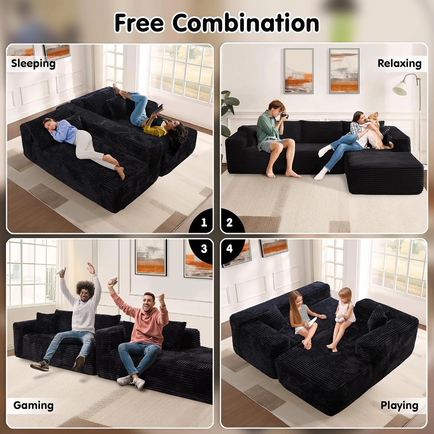 ovios 104" Cloud Sectional Couch with L-Shape Chaise,Modern Modular Sofa with Deep Seat, Upholstered Couches for Living Room Bedroom,No Assembly Required, Black (Corduroy Fabric)