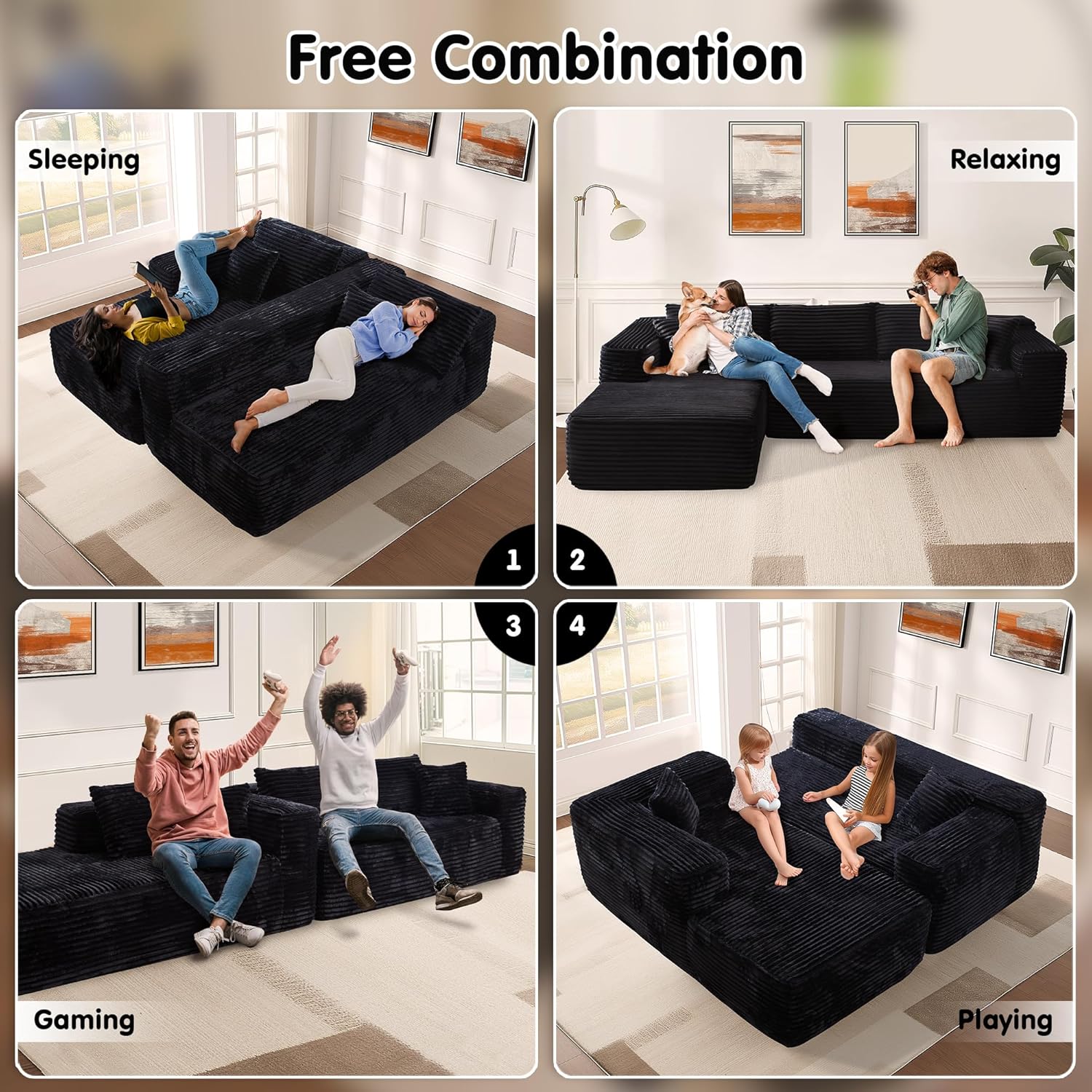 ovios 104" Cloud Sectional Couch with L-Shape Chaise,Modern Modular Sofa with Deep Seat, Upholstered Couches for Living Room Bedroom,No Assembly Required, Black (Corduroy Fabric)