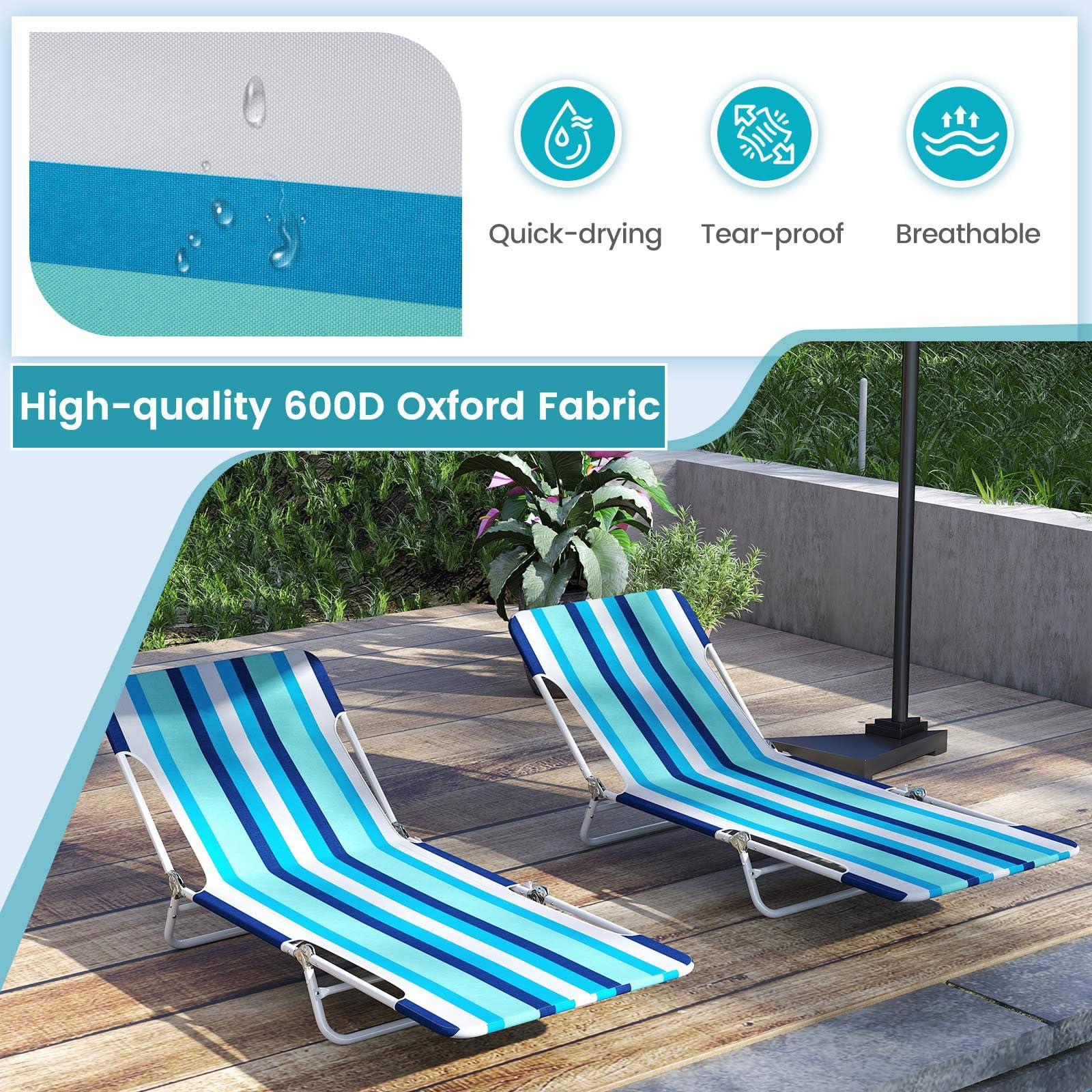 2 Pieces 5-position Outdoor Folding Chaise Lounge with Carry Strap for Patio