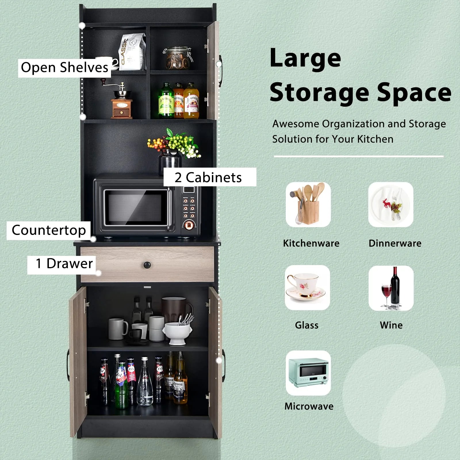 Giantex Kitchen Buffet Storage Cabinet, 3-Door Wood Tallboy with Drawer Spacious Countertop