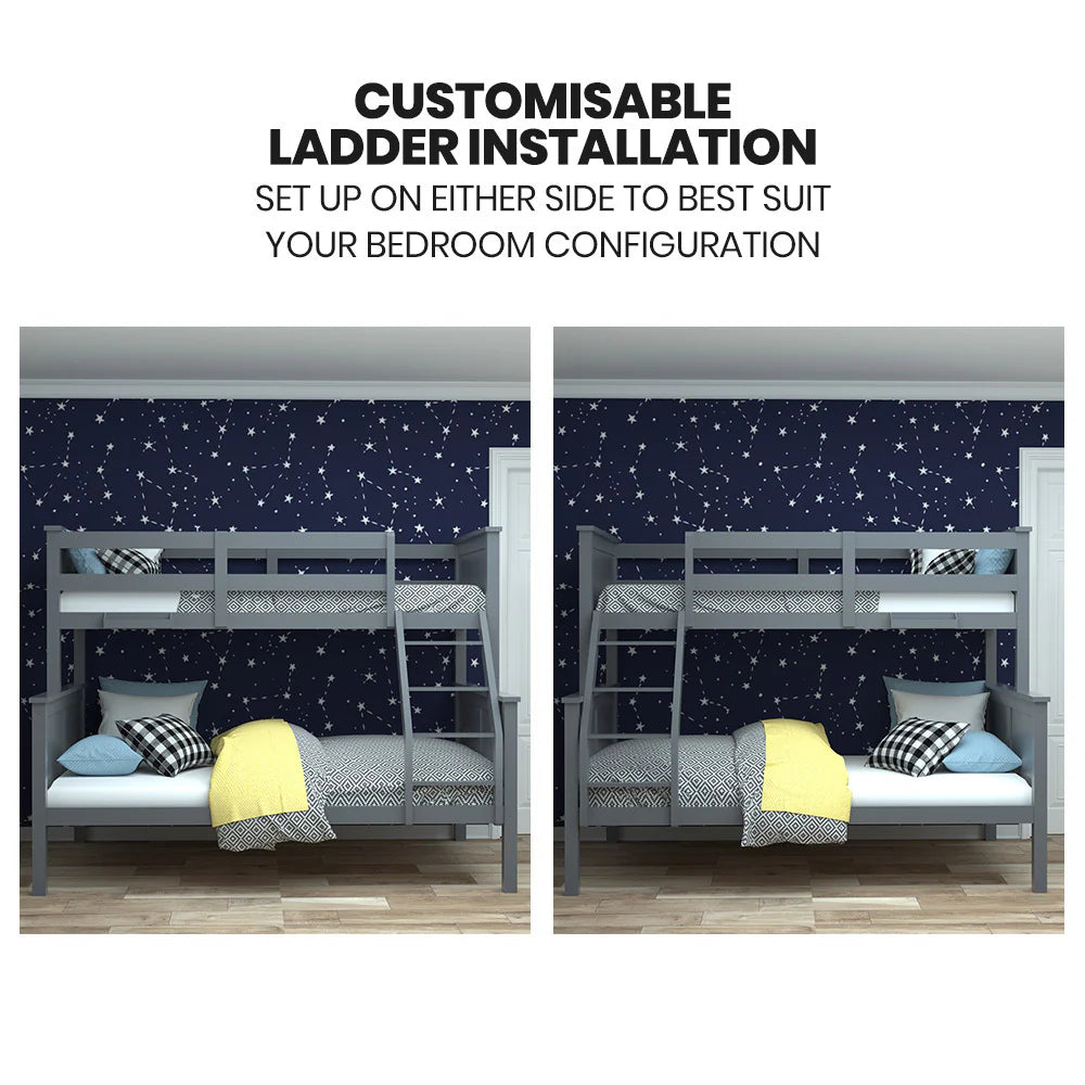 Kingston Slumber Triple Wooden Single Over Double Bunk Bed Frame for Kids, Convertible Design, Grey