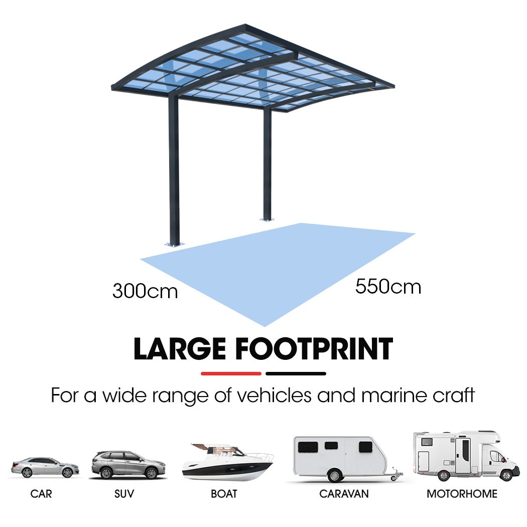 SHADE SHIELD Single Cantilever Carport 3.0m x 5.5m x 2.98m, Aluminium Alloy Frame, Polycarbonate Roof, Shelter for Car or Outdoor Living