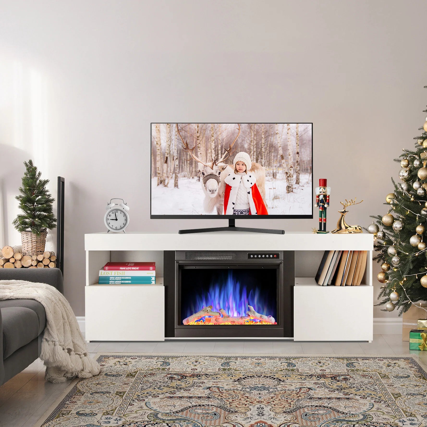 60'' Fireplace TV Stand Mantel Shelf Wooden Surround Fireplace Freestanding