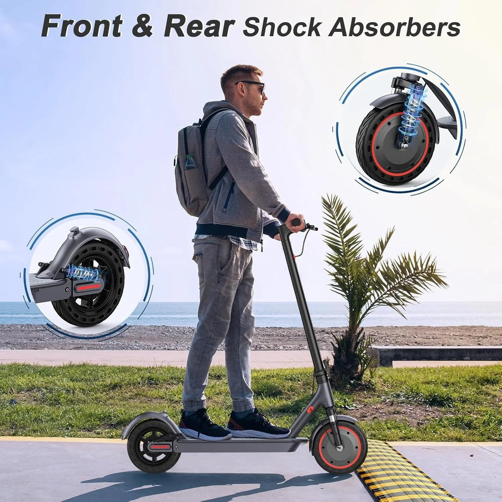 Electric scooter, 350W/500W powerful motor, 8.5"/10" solid rubber tires, 19/22 mph, 28/21/12 mile range, dual brakes