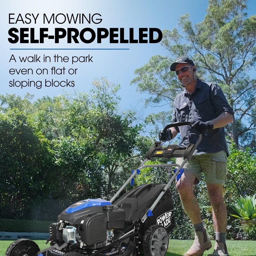 POWERBLADE 22" 224cc Self-Propelled Lawn Mower, Electric Start, 7 Height, Steel Deck, Deck Wash Port, OHV 4-Stroke Petrol - VS1000