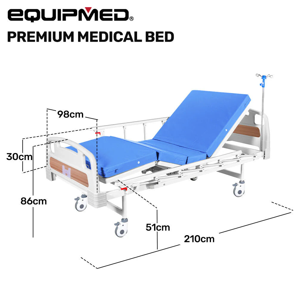 EQUIPMED Medical Bed, w/ Mattress & Over Bed Table, Easy Manual Back and Leg Incline Adjustable, IV Pole, Home Aged Care or ICU Hospital