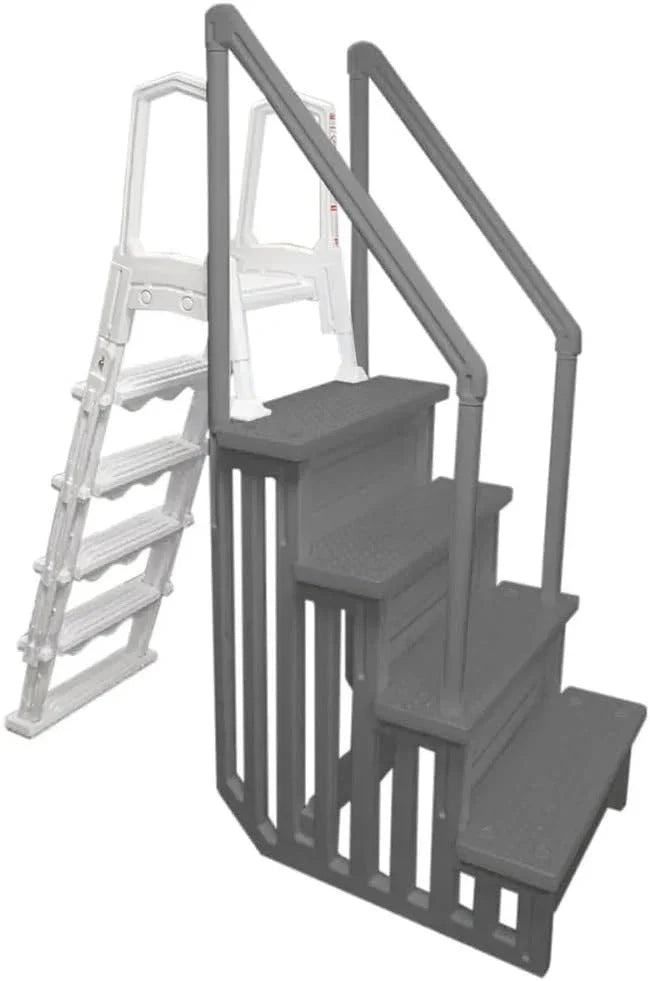 Non-slip entry steps for pools | Grey | For above-ground pools | Can be installed on terraces with a height of 122 to 137 cm | Load capacity up to 136 kg