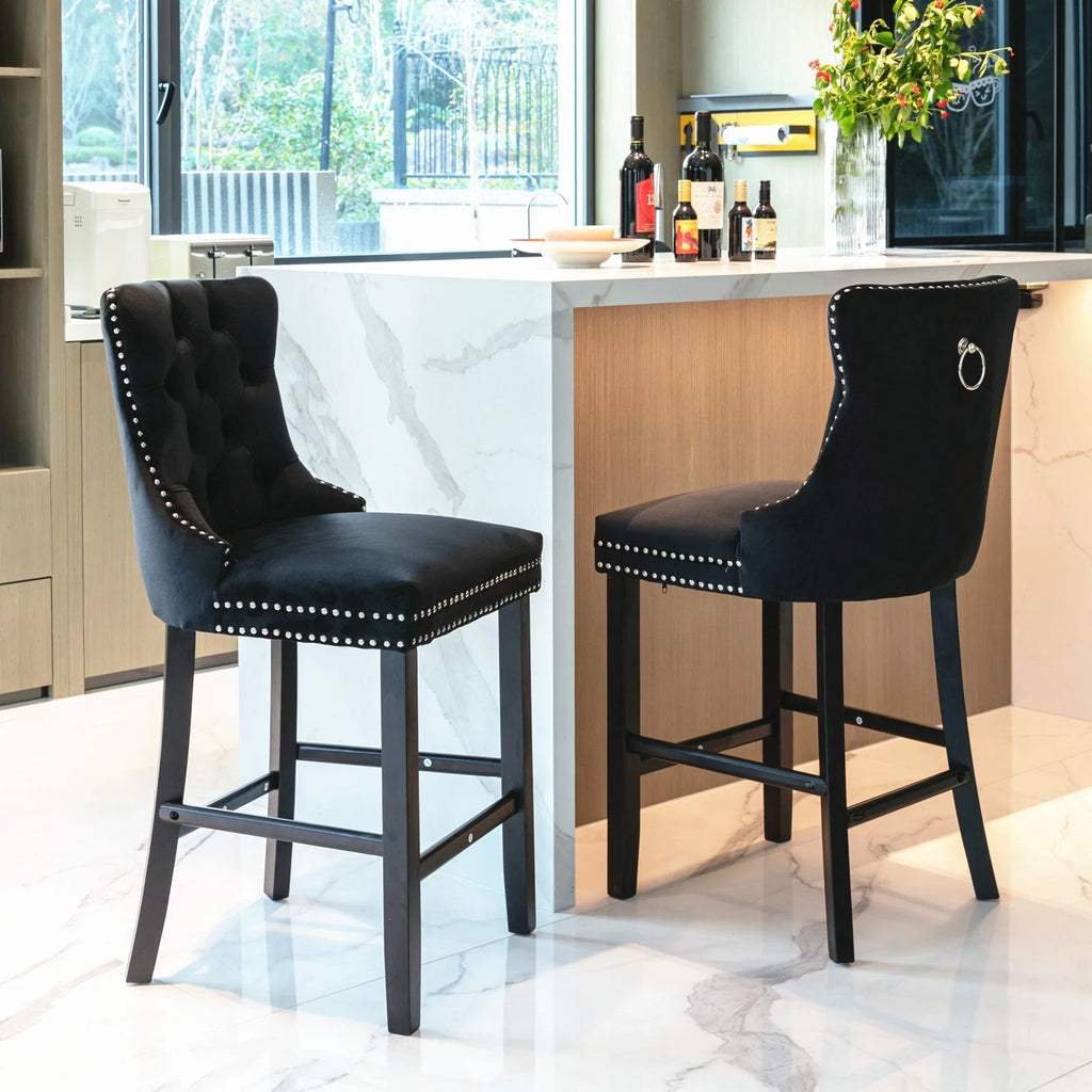6X Velvet Bar Stools with Studs Trim Wooden Legs Tufted Dining Chairs Kitchen