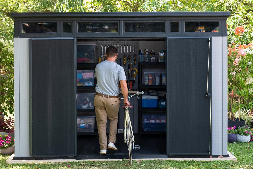 Keter Artisan 11x7 Modern Resin Outdoor Storage Shed Kit-Perfect to Store Patio Furniture, Garden Tools Bike Accessories, Beach Chairs and Lawn Mower, Grey & Black