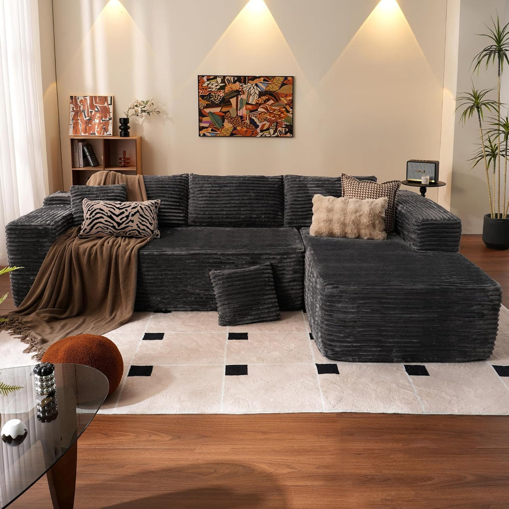 ovios 104" Cloud Sectional Couch with L-Shape Chaise,Modern Modular Sofa with Deep Seat, Upholstered Couches for Living Room Bedroom,No Assembly Required, Black (Corduroy Fabric)