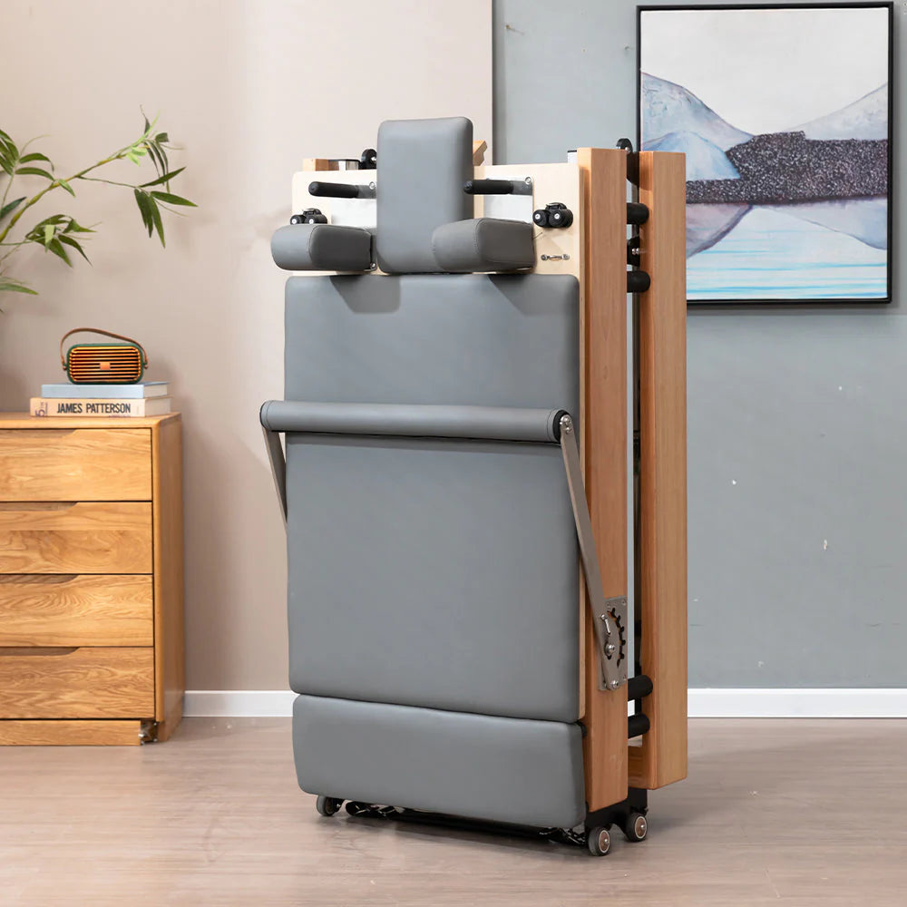 Foldable Pilates Reformer for Home Workouts, Oak Wood Frame, 6 Springs