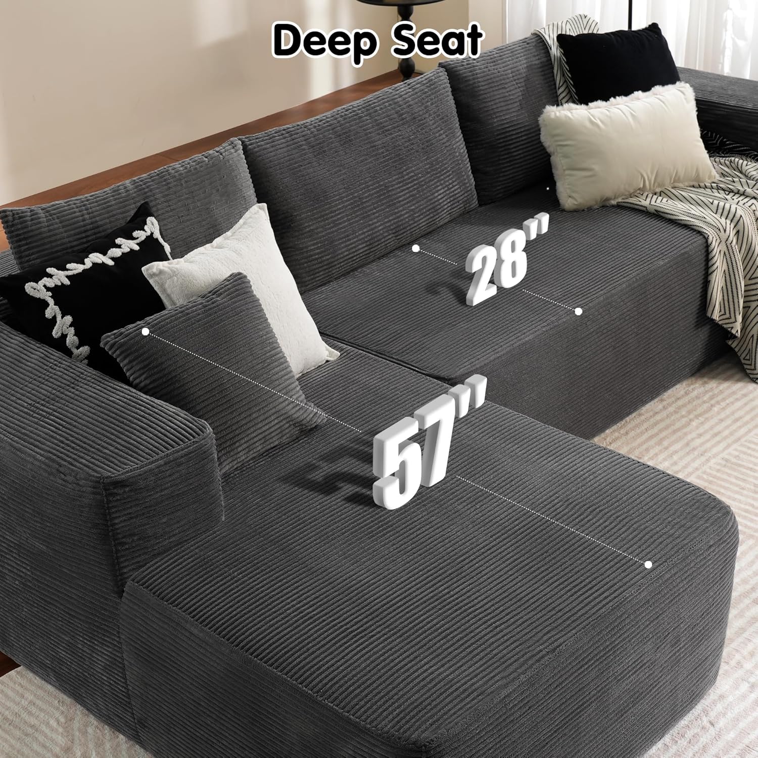ovios 104" Cloud Sectional Couch with L-Shape Chaise,Modern Modular Sofa with Deep Seat, Upholstered Couches for Living Room Bedroom,No Assembly Required, Black (Corduroy Fabric)