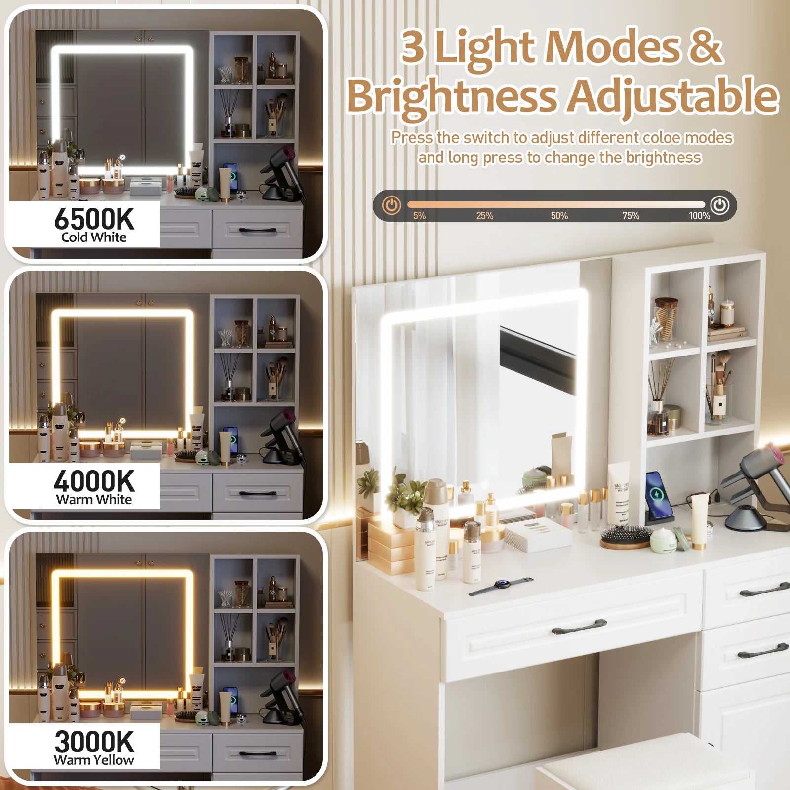 Dressing Table Stool Set with Charging Station