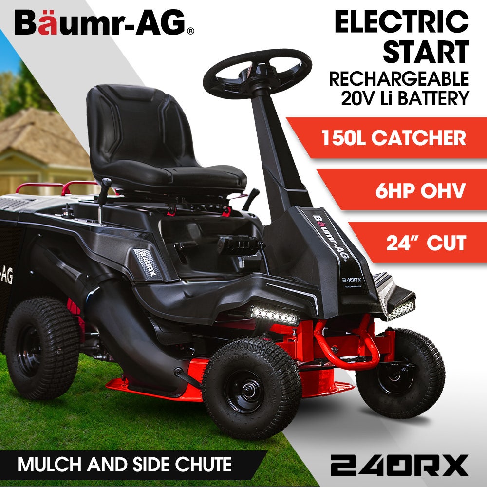 BAUMR-AG 24" Ride On Lawn Mower, Lithium Electric Start System, 6HP 224cc, 5 Cut Heights, Catcher and Mulch Kit